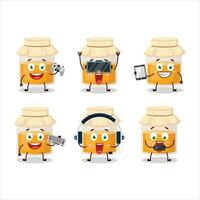 White honey jar cartoon character are playing games with various cute emoticons vector