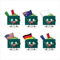 Green wallet cartoon character bring the flags of various countries vector