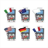 Grey payment terminal cartoon character bring the flags of various countries vector