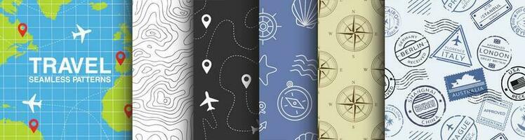 Travel Seamless Pattern Collection. Designs for textiles and apparel inspired by travels. Compass, map, postage, stamps and cartography. Graphics in journey style. vector