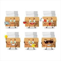 oficina cajas con papel dibujos animados personaje con varios tipos de negocio emoticones vector