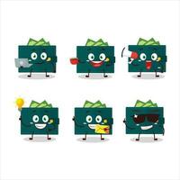 Green wallet cartoon character with various types of business emoticons vector