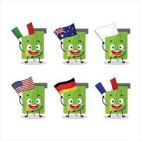 Cajero automático tarjeta espacio dibujos animados personaje traer el banderas de varios países vector