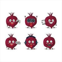 Beet root cartoon character are playing games with various cute emoticons vector