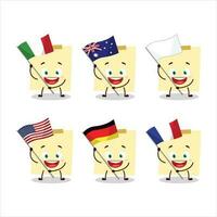 Pale yellow sticky notes cartoon character bring the flags of various countries vector