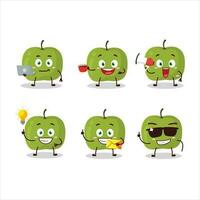 Green apple cartoon character with various types of business emoticons vector