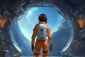 Astronaut spaceship woman in space. Generate Ai photo