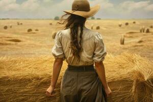 americano granjero niña a campo. generar ai foto