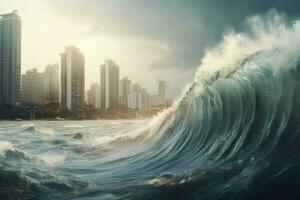 Big tsunami city wave. Generate Ai photo