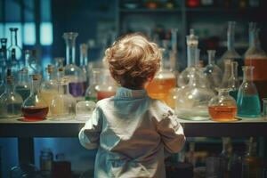 Chemist child use chemical pots. Generate Ai photo