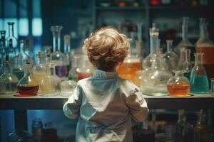 Chemist child use chemical pots. Generate Ai photo