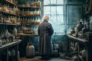 Old chemist woman in old laboratory. Generate Ai photo