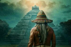 Aztec old man maya pyramid. Generate AI photo