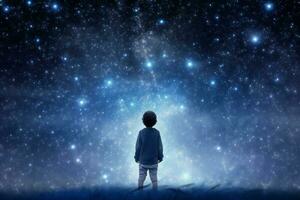 Astronomer child man starry sky night. Generate Ai photo