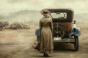 American woman car 1920 year. Generate Ai photo