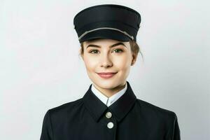 Hostess uniform smiling girl. Generate Ai photo