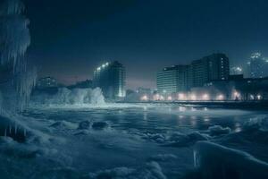 Frozen city winter lake. Generate Ai photo