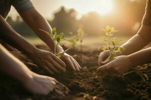 Planting people plants sunset. Generate Ai photo