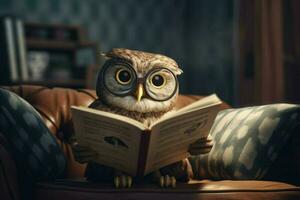 Cute owl reading book. Generate Ai photo