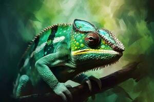 Green chameleon closeup. Generate Ai photo