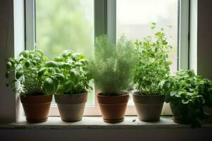 Aromatic potted herbs on window. Generate Ai photo