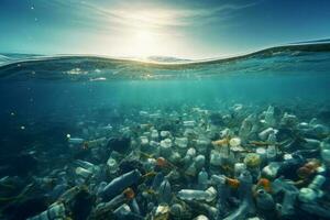 el plastico agua botellas Oceano submarino. generar ai foto