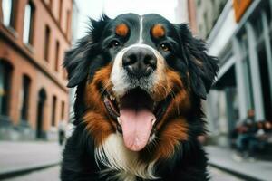 Cute bernese mountain dog at city. Generate Ai photo