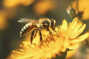 Honey bee closeup on flower. Generate Ai photo