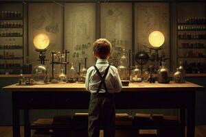Scientist child boy physics office. Generate Ai photo