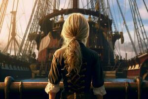 Ship captain child girl. Generate Ai photo