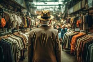 vendedor antiguo hombre en sombrero mercado. generar ai foto