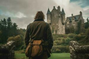 Scot man scottish castle view. Generate Ai photo