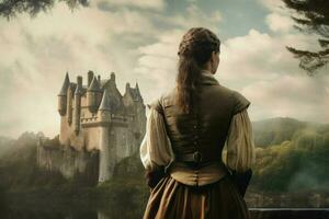 Scot woman scottish castle. Generate Ai photo