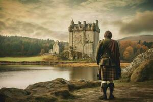 escocés hombre cerca lago escocés castillo. generar ai foto
