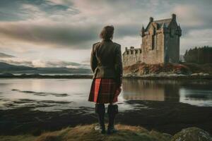 escocés hombre viaje escocés castillo. generar ai foto