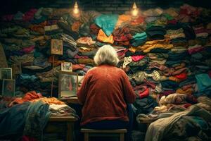 Seamstress old woman a lot of clothes. Generate Ai photo