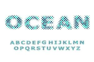 Halftone alphabet of dots randomly colored in blue shadows. Vector design.