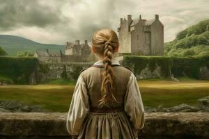 Scot child girl scottish castle. Generate Ai photo