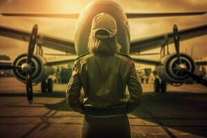 Pilot woman aircraft. Generate Ai photo
