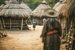 Native old woman thatched huts. Generate Ai photo
