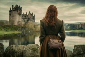 Scot woman ancient scottish castle. Generate Ai photo