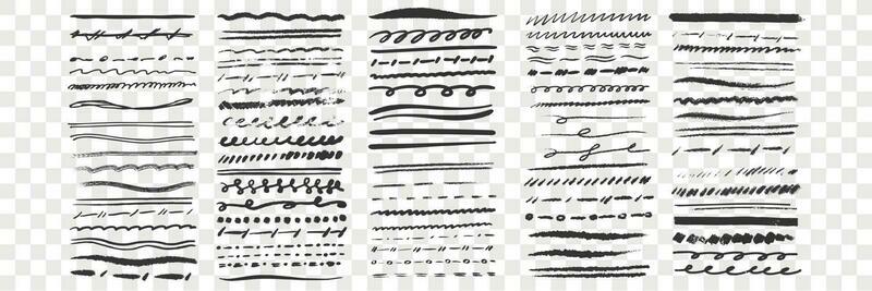 Hand drawn lines set. Collection of doodle underlines or pen underlines pencil hand drawn strokes on transparent. Handmade scribble marker borders illustration