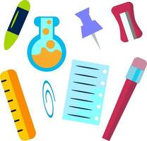 elements for school themed design. illustrations of push pins, test tubes, paper, crayons, rulers, clips, and pencil sharpeners. vector