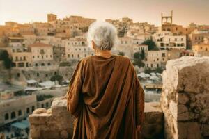 Greek old woman ancient city. Generate Ai photo