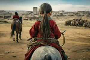 Mongolian ancient girl rider. Generate Ai photo