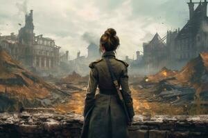 Military woman flame ruined city. Generate Ai photo