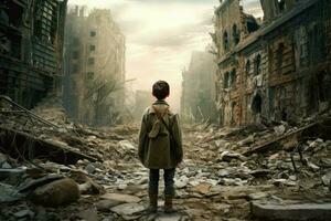 Military kid at ruined city. Generate Ai photo