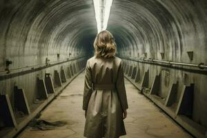 Modern woman coat underground bunker. Generate Ai photo