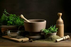 Herbs wooden table spices. Generate Ai photo