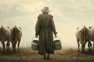 Milkmaid old woman bucket cows. Generate Ai photo